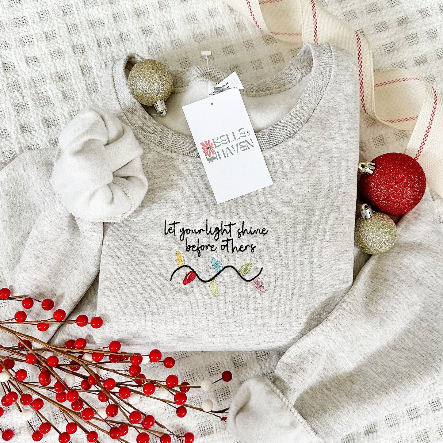 Let Your Light Shine Before Others Embroidered Crewneck