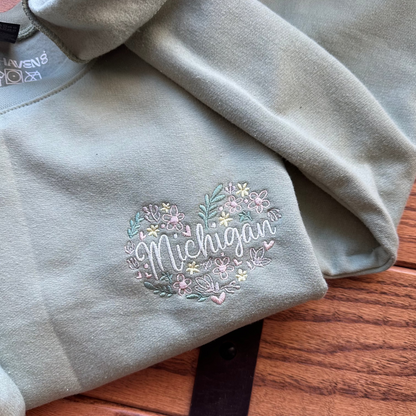 Floral Michigan Heart Embroidered Crewneck