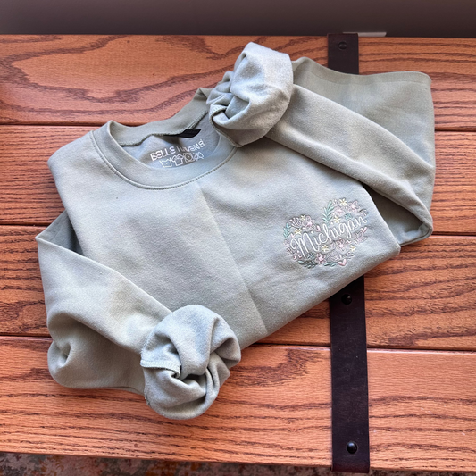 Floral Michigan Heart Embroidered Crewneck